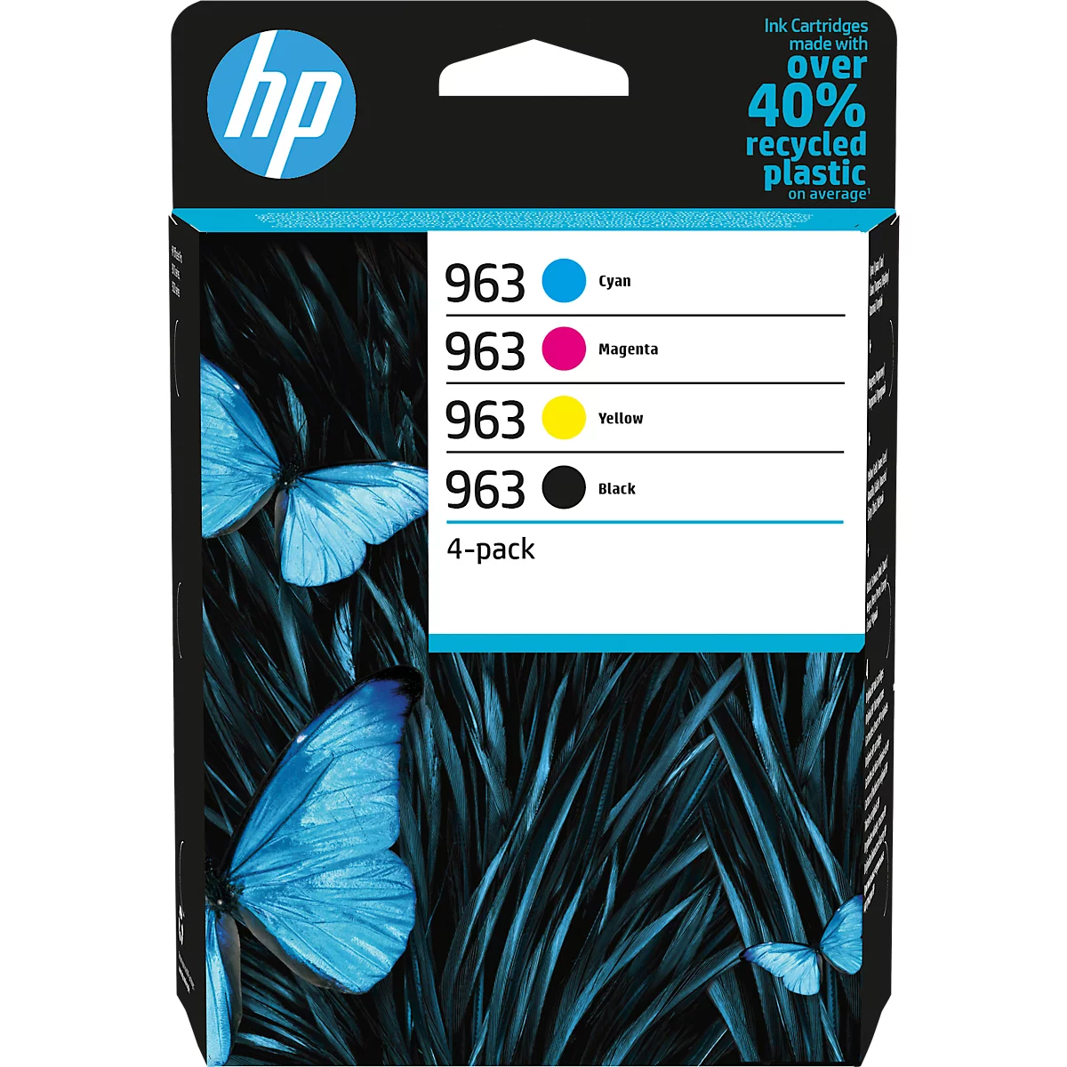 HP ink cartridge pack with butterfly motif. Includes cyan, magenta, yellow and black. Over 40% recycled plastic.