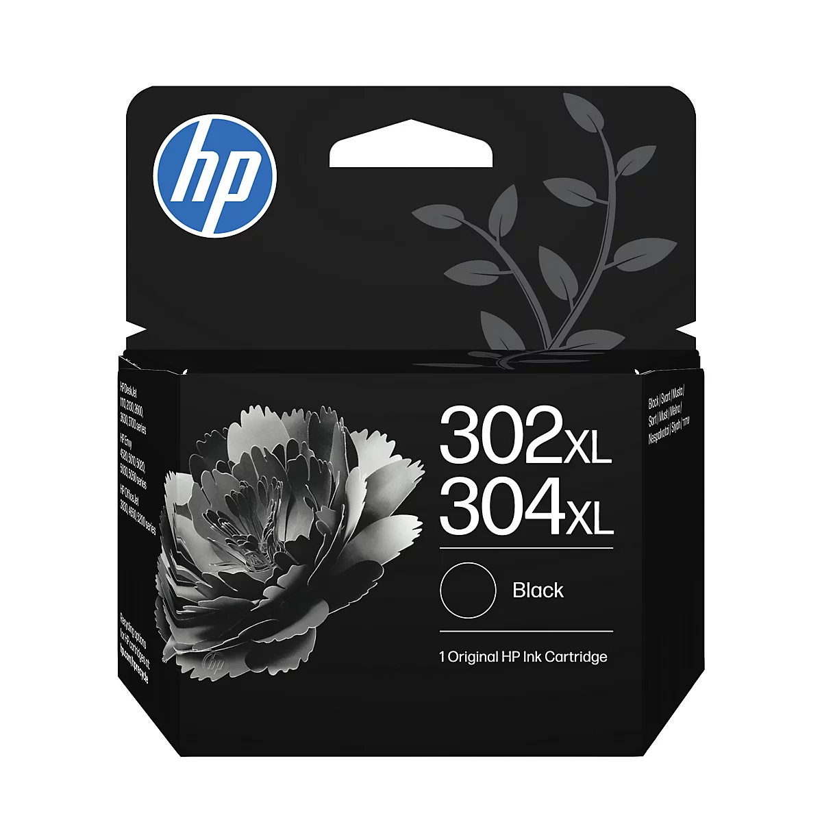 Schwarze HP Druckerpatronen-Verpackung 302XL und 304XL mit Blumenmotiv auf der Vorderseite.