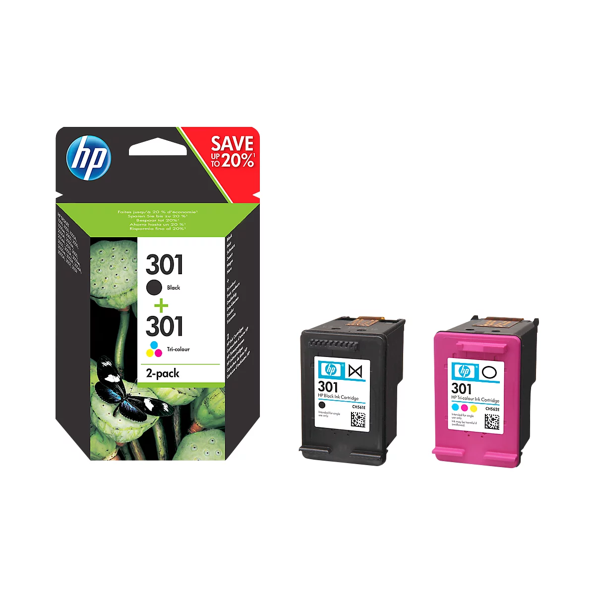 Original HP Tintenpatronen 301 CMYK, Mixpack, schwarz, Tri-Colour