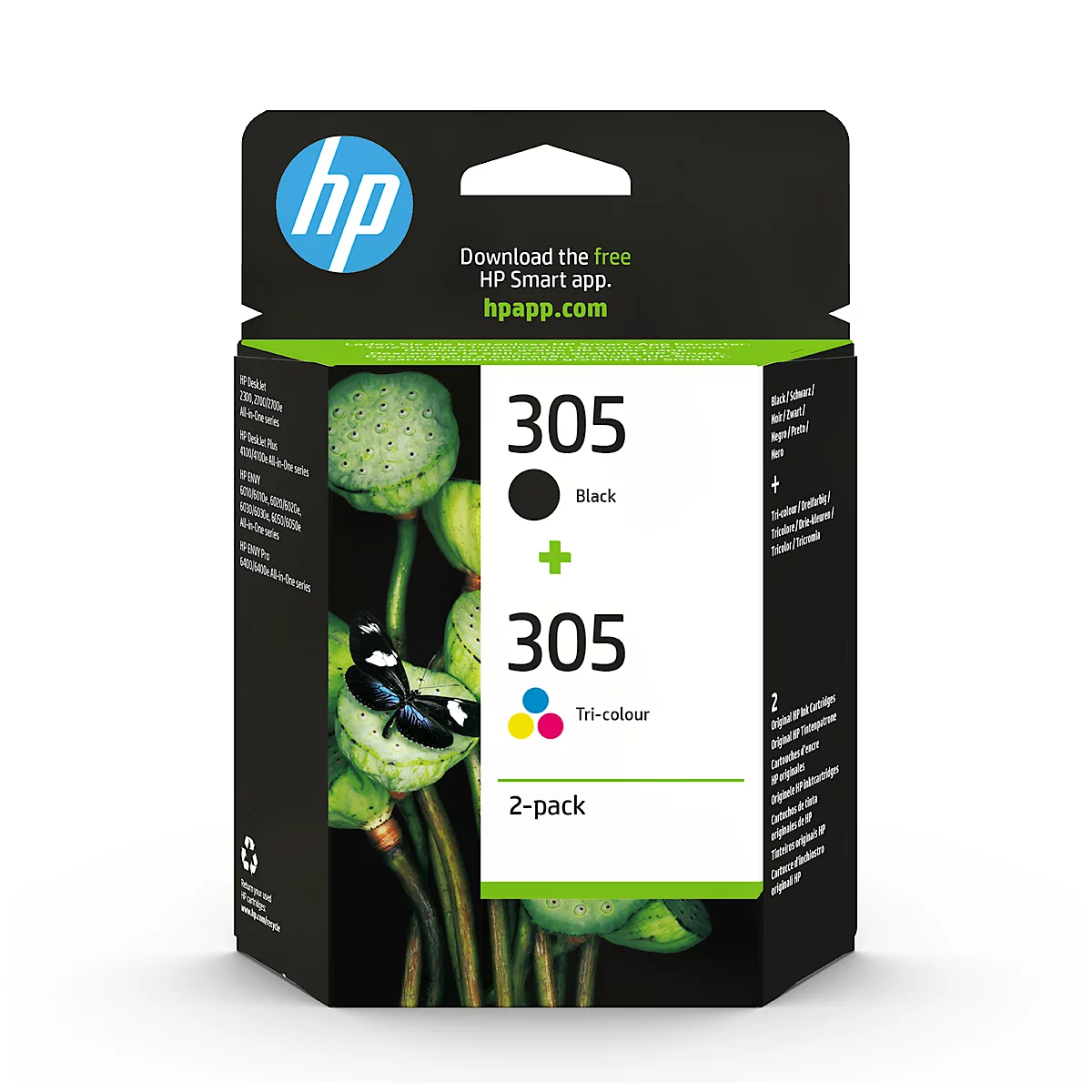 Schwarze und dreifarbige HP 305 Tintenpatronen im 2er-Pack.