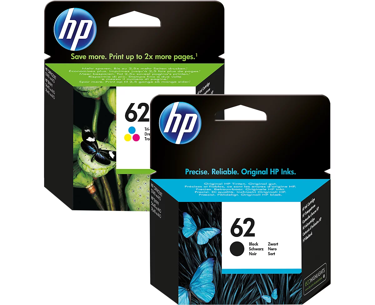 Original HP Tintenpatronen 62 CMYK, Mixpack, schwarz, Tri-Colour