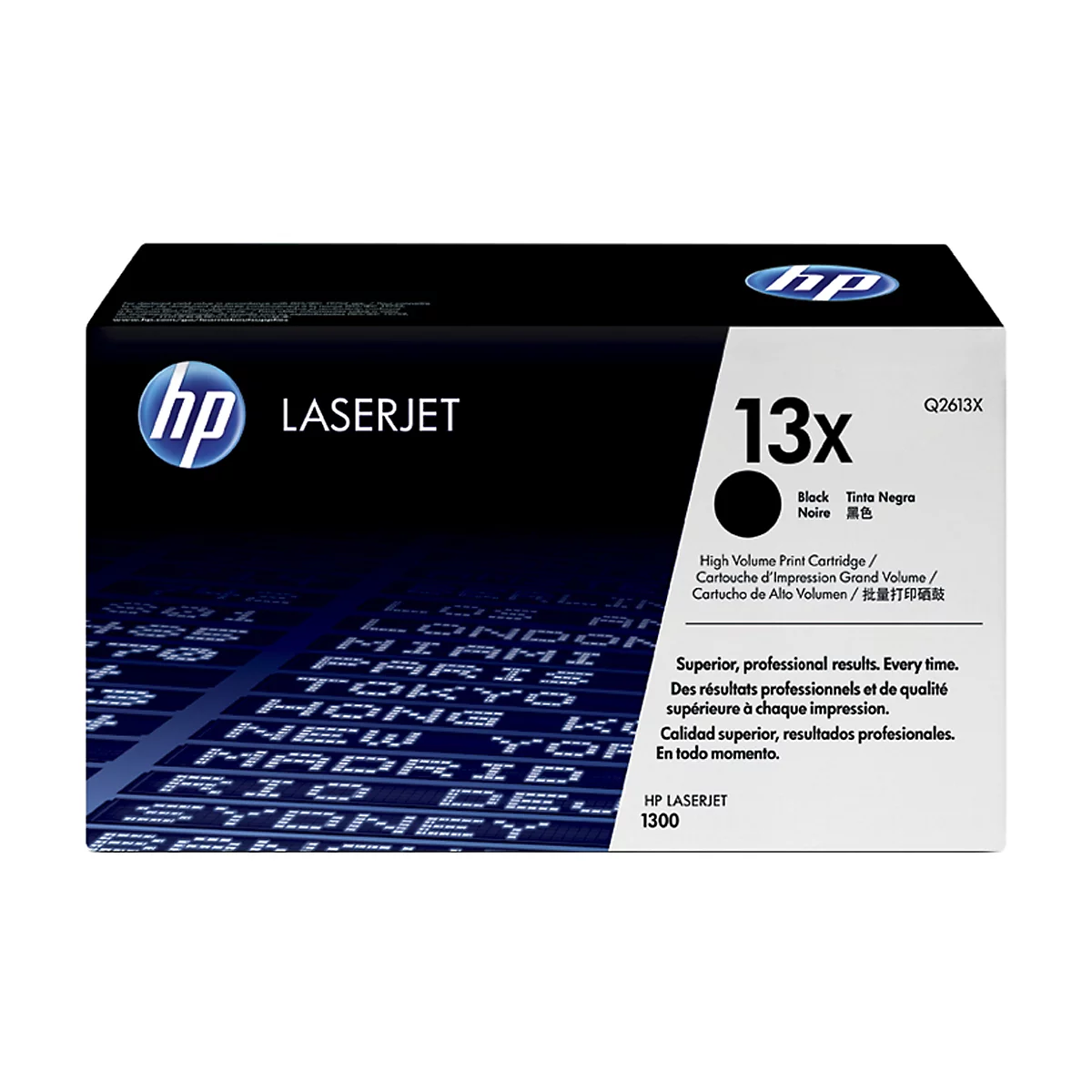 Black HP LaserJet toner cartridge, 13x, with print. Inscription: Black, high print volume.