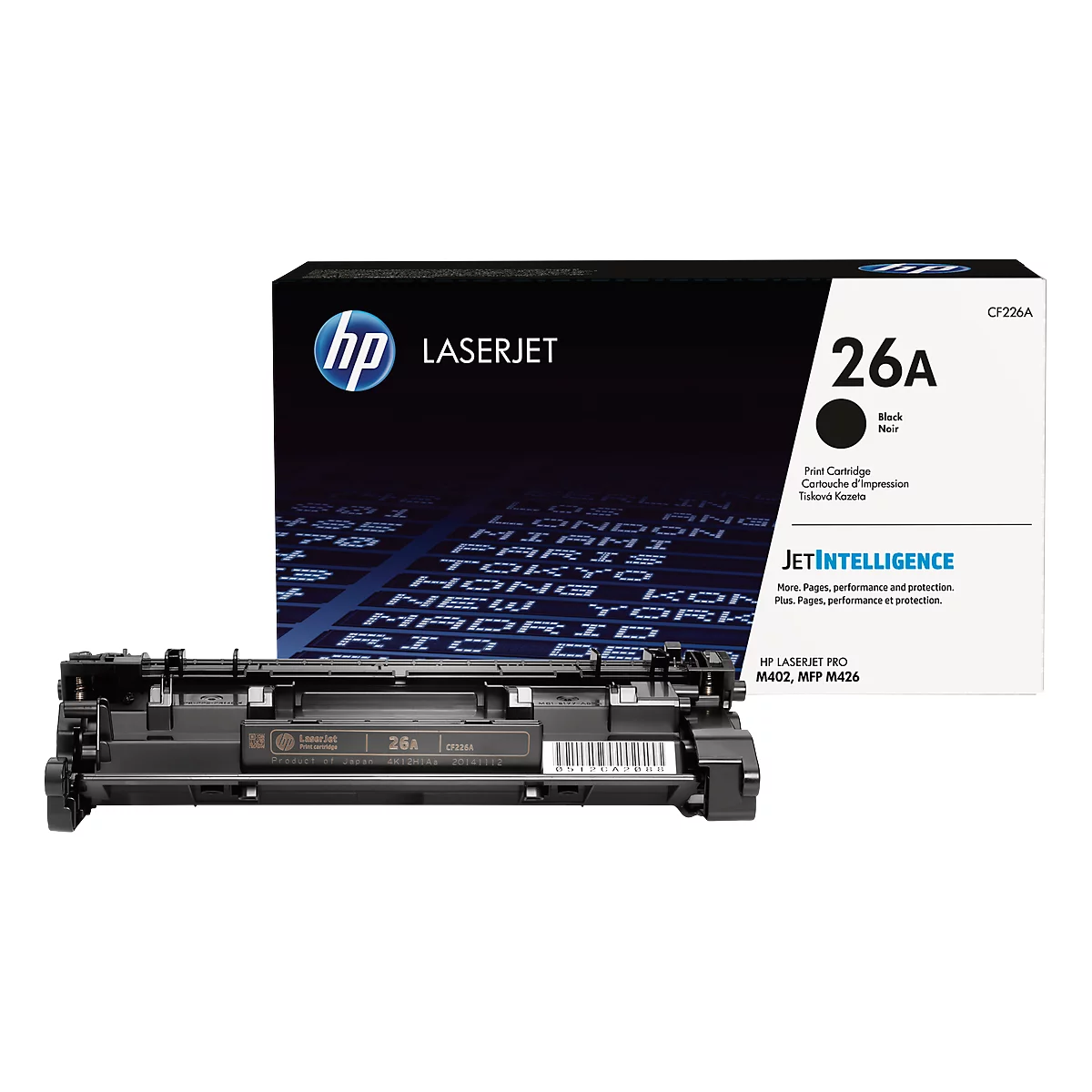 An HP LaserJet 26A toner cartridge with packaging, against a white background.