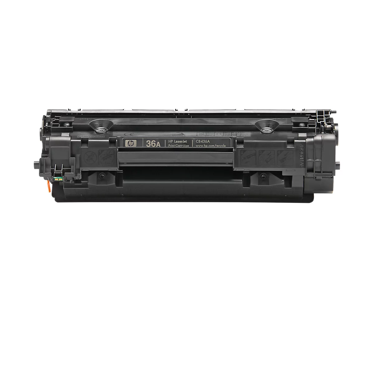 Black toner cartridge, HP 36A, on white background.