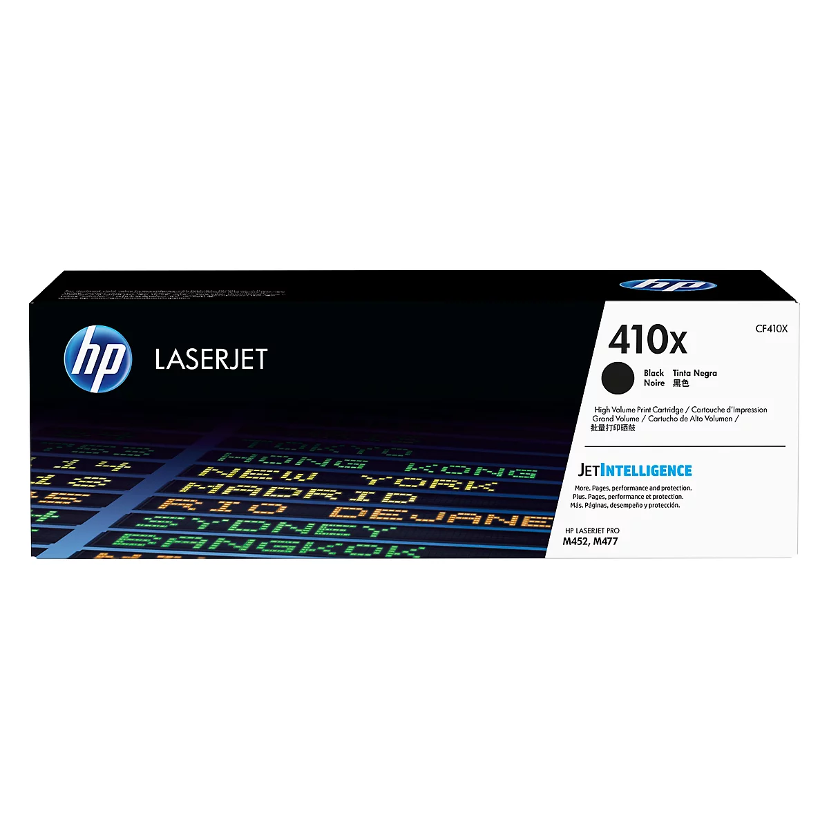 Black HP 410x toner cartridge. Text: "LASERJET", "JetIntelligence", and city names.