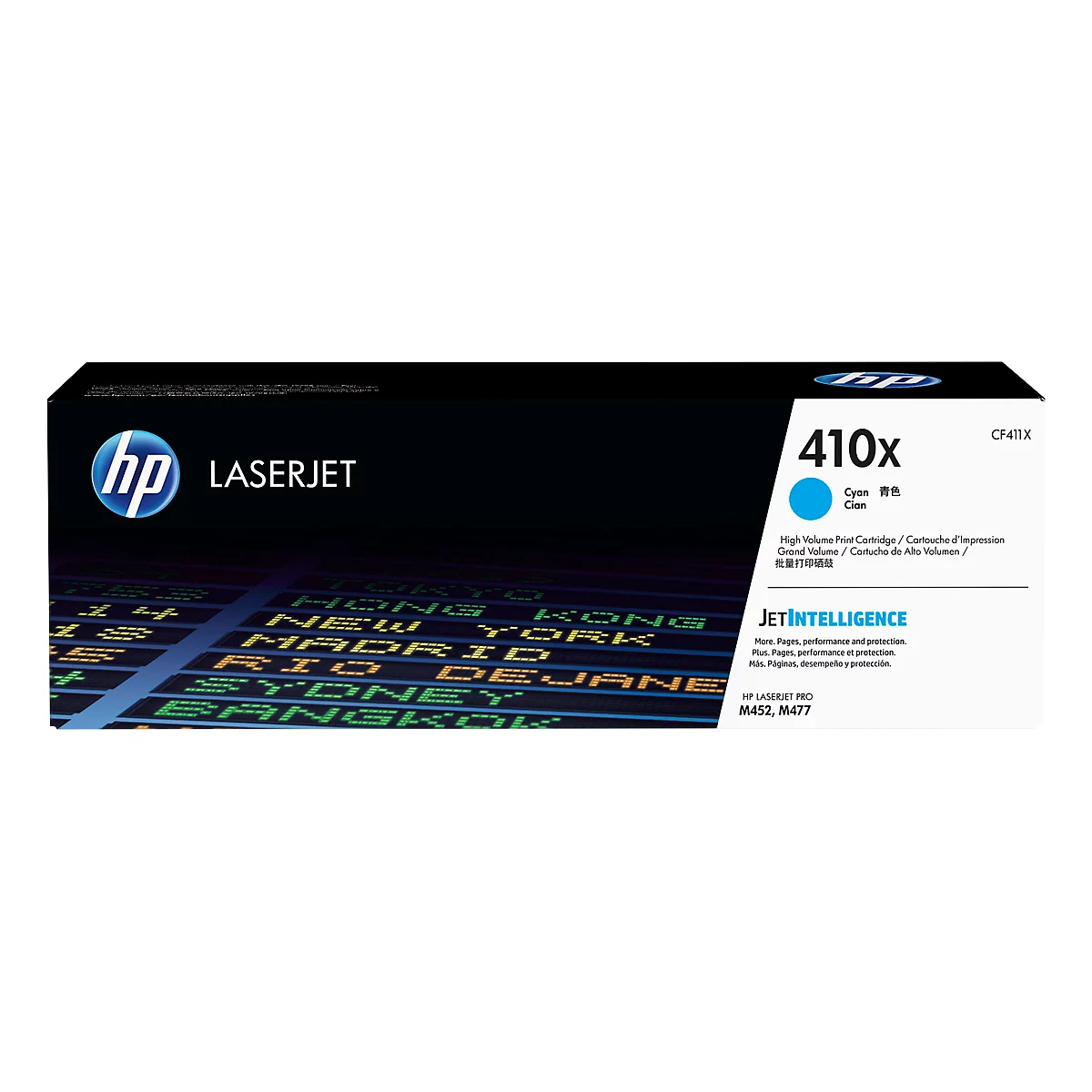 HP Laserjet toner cartridge, blue font, text: 410x Cyan, JetIntelligence.