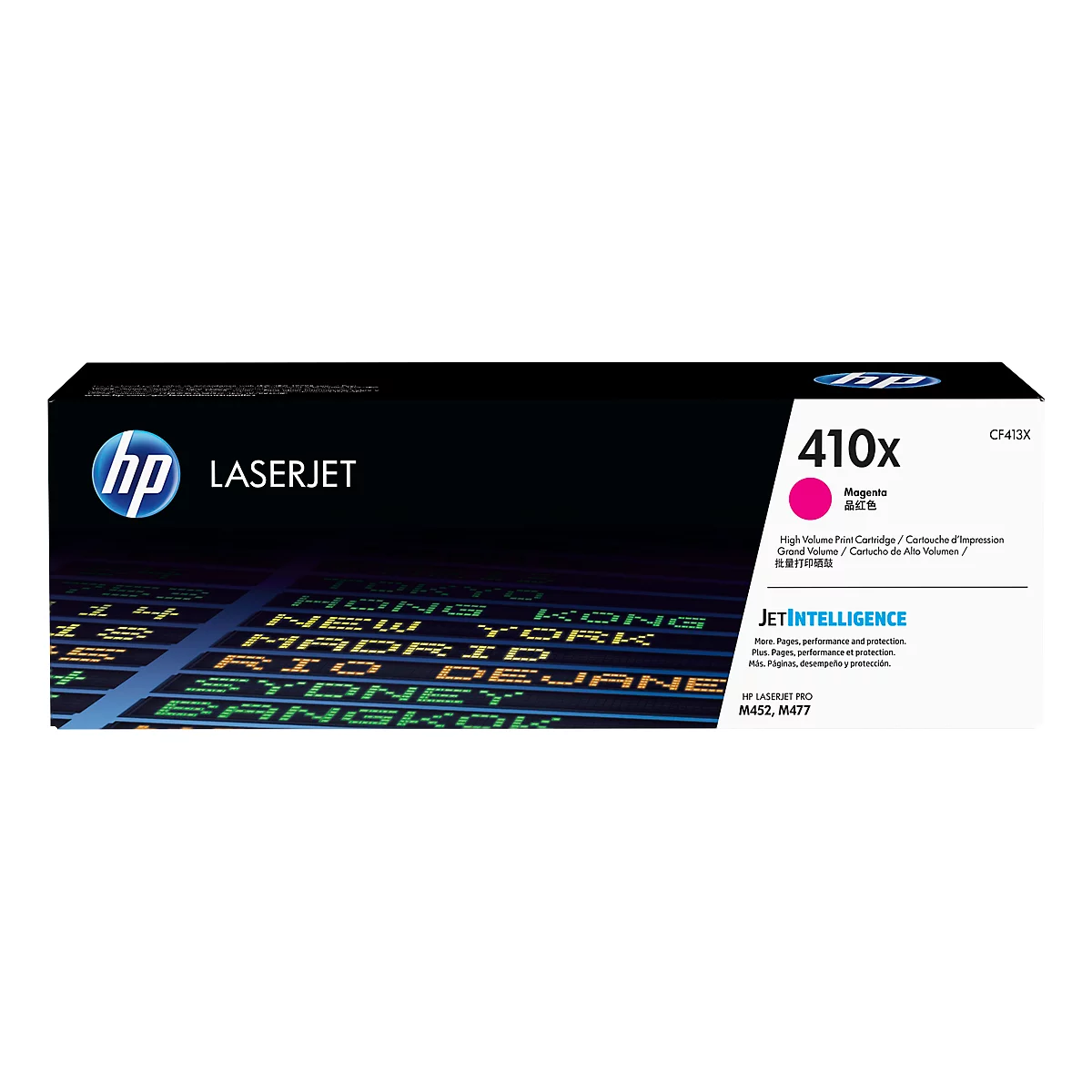 Magenta HP 410x ink cartridge. Black background with white lettering. Text: LASERJET, JetIntelligence.