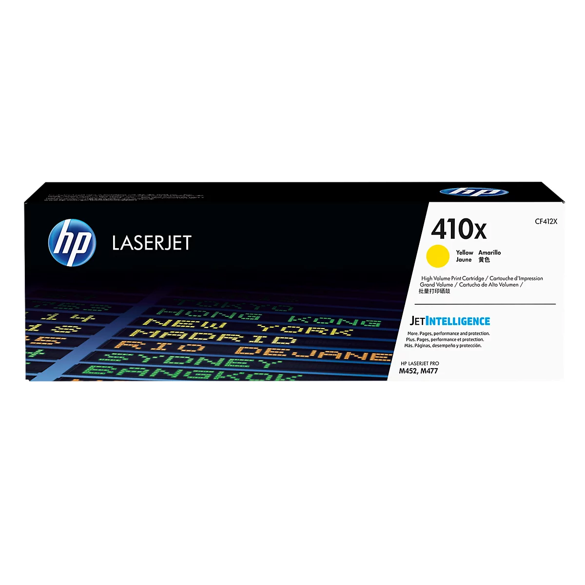 A yellow HP 410x toner cartridge for Laserjet printers.