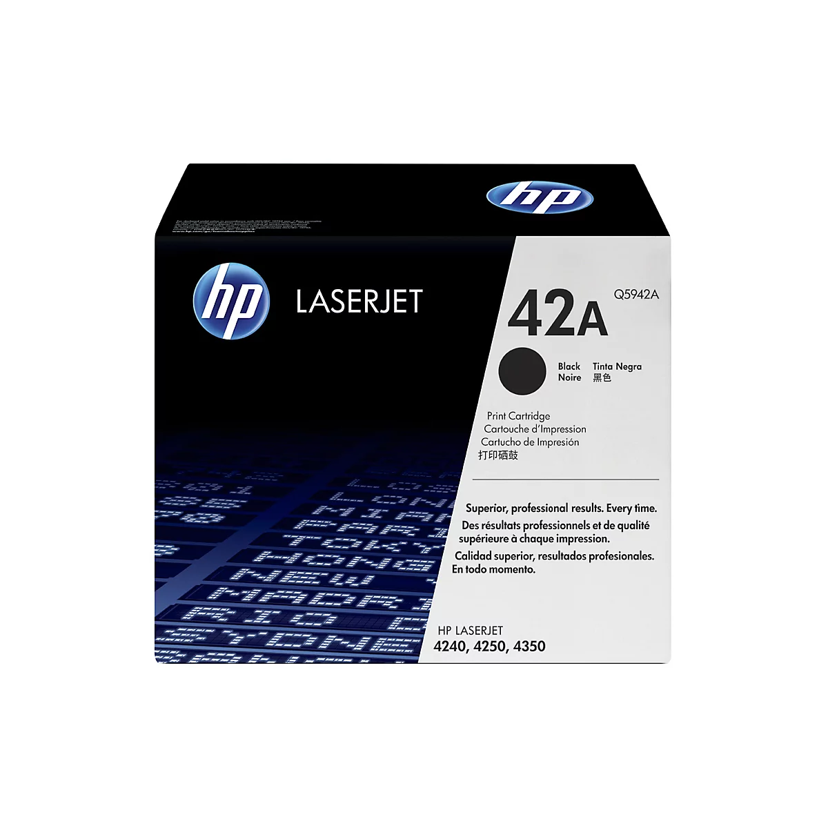 Black HP LaserJet 42A print cartridge, with logos and product details on the box.