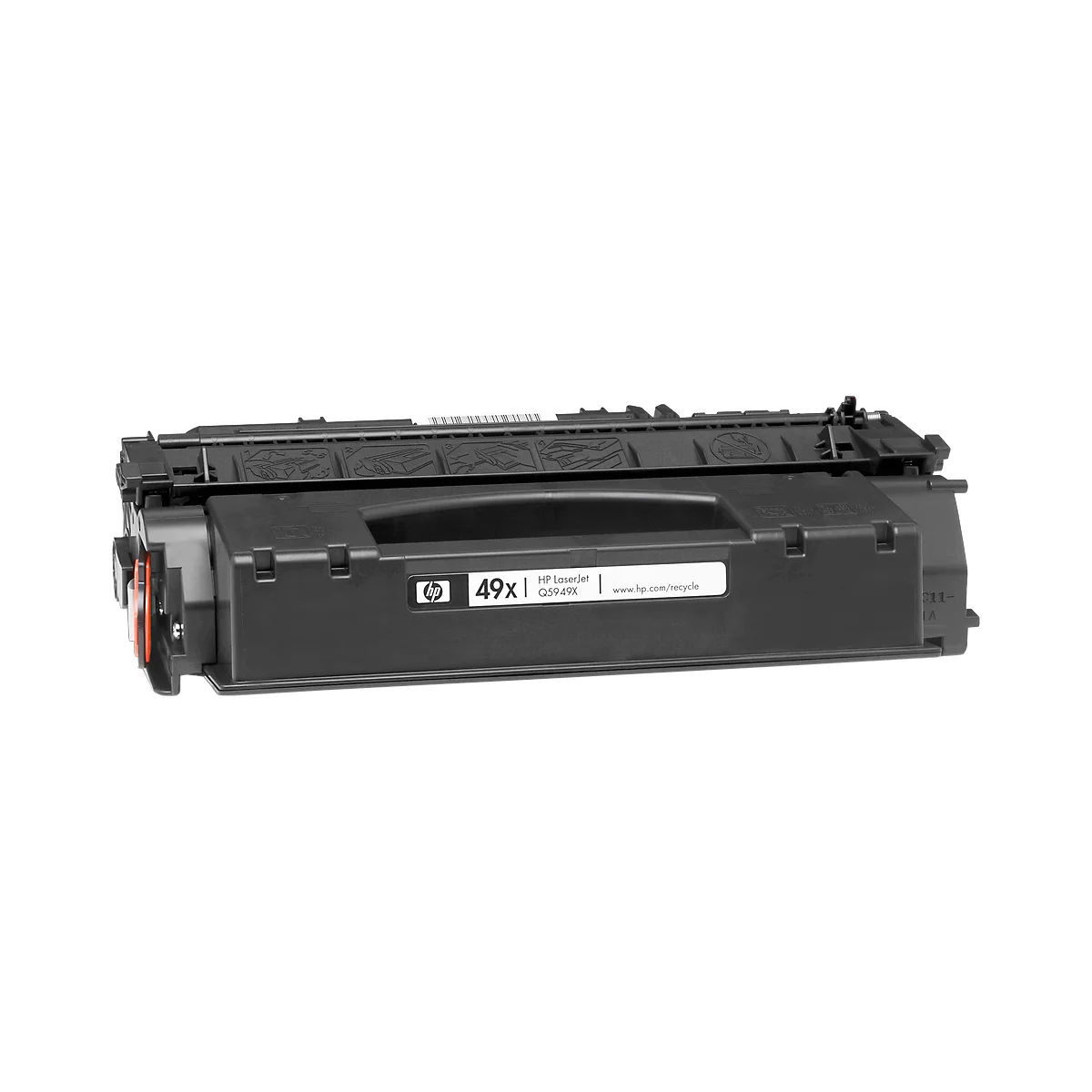 Schwarze Druckerpatrone, Aufschrift "HP 49x" und "HP LaserJet", mit orangefarbenem Element. Detailaufnahme.