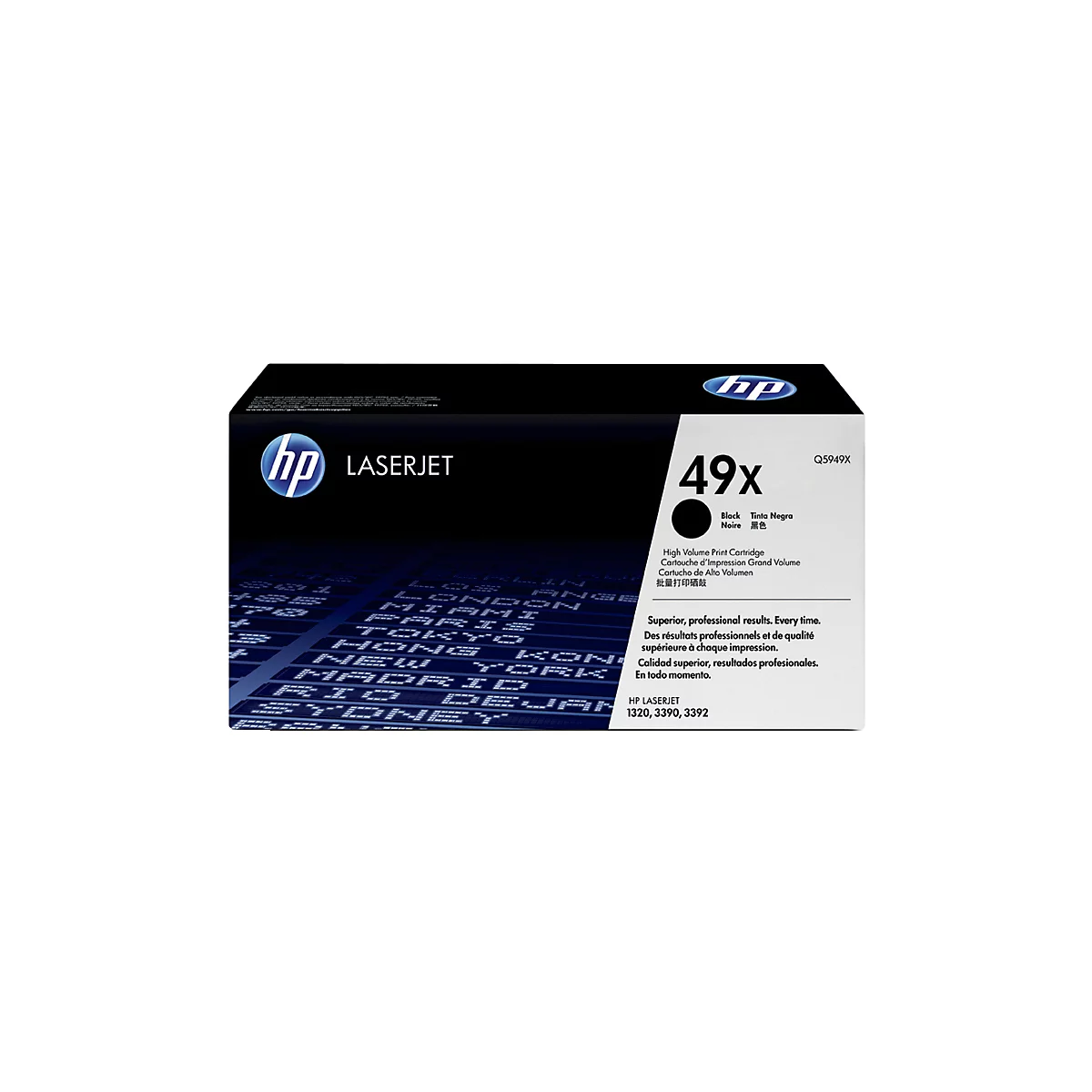 Schwarze HP Laserjet Tonerkartusche 49x auf weißem Hintergrund, Texte in mehreren Sprachen, unter anderem Englisch und Spanisch.