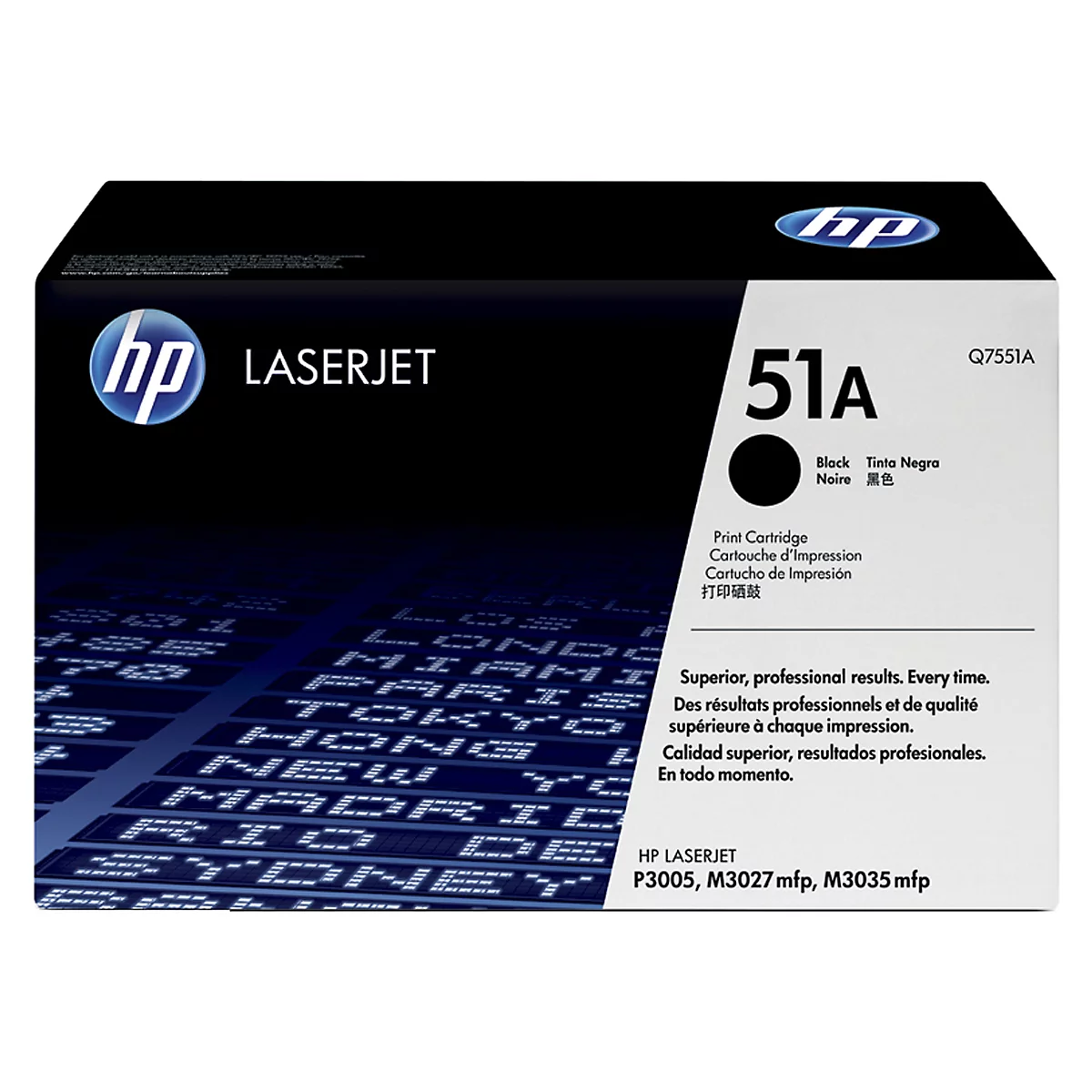 Black HP LaserJet 51A toner cartridge, featuring text and logo.