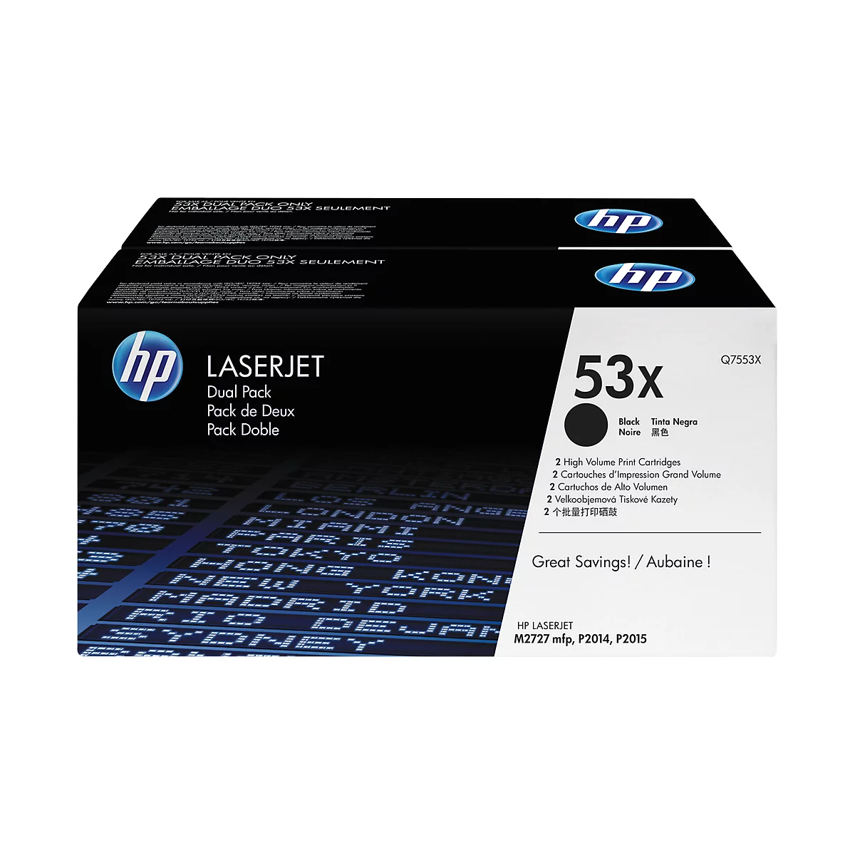 Black HP Laserjet toner dual pack, 53x, with product name and logo.