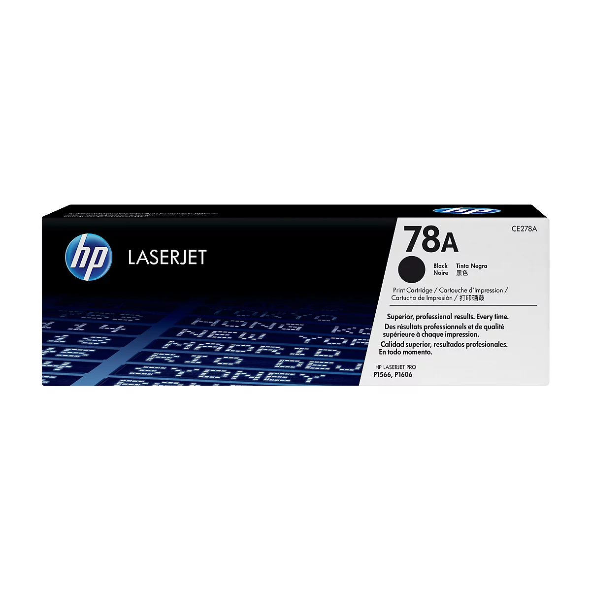 Black HP printer cartridge, model 78A, with text in multiple languages.