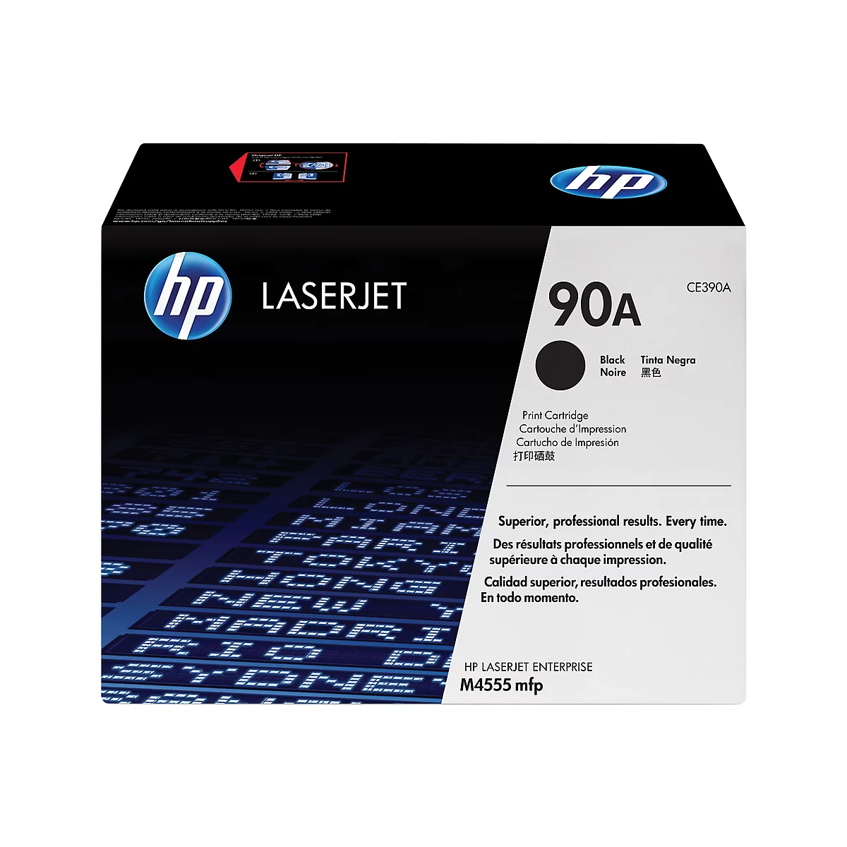 Black HP LaserJet 90A ink cartridge. Box with product names and logo.