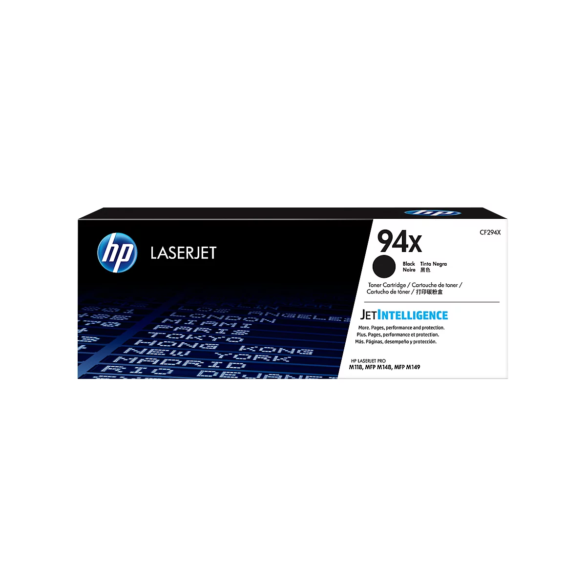 Black HP 94X toner cartridge. Printed: LaserJet, 94x, JetIntelligence, CF294X. Background with letters and city names.