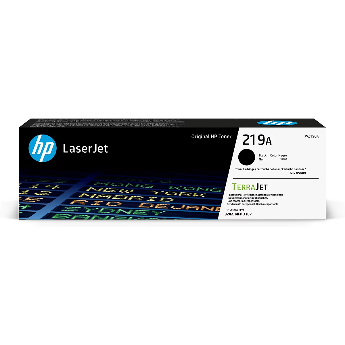 Black HP LaserJet toner cartridge 219A. The packaging is black and white with HP logo.