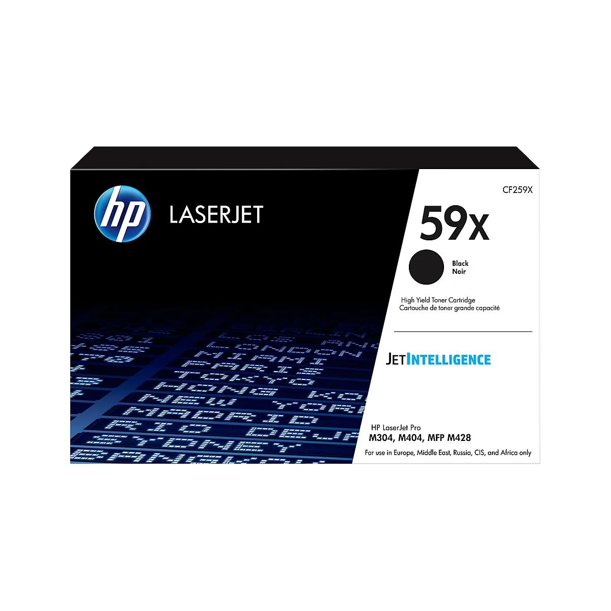 Black HP LaserJet toner cartridge 59x on a black background. Labelled: JETINTELLIGENCE, CF259X, models M304, M404, MFP M428.