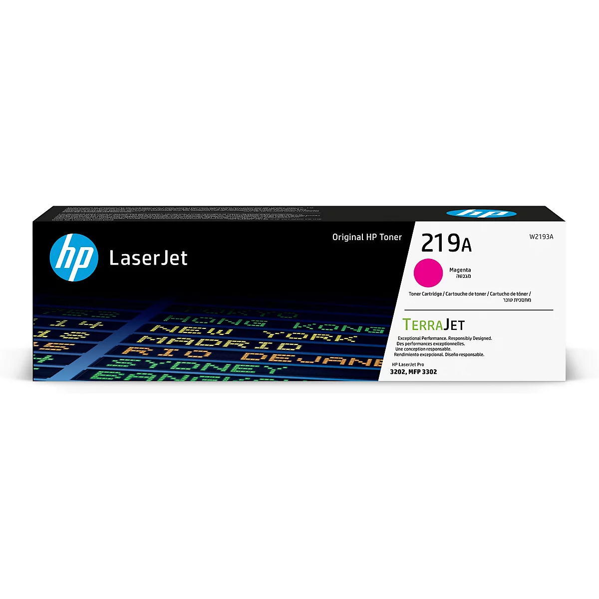 Een magenta HP 219A tonercartridge. Opschrift: Original HP Toner, TerraJet.