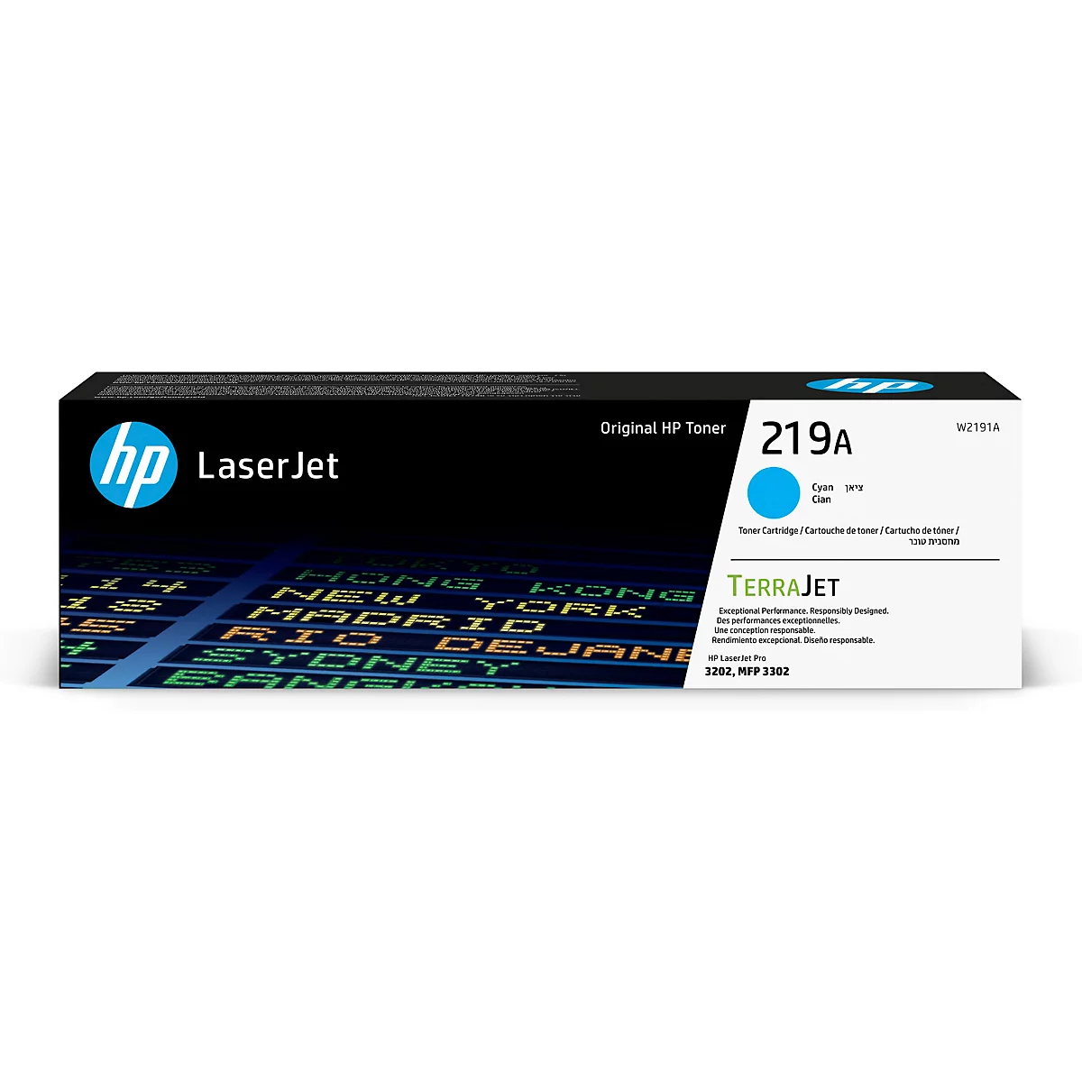 Een HP LaserJet 219A tonercartridge met turquoise blauwe accenten op een witte achtergrond.