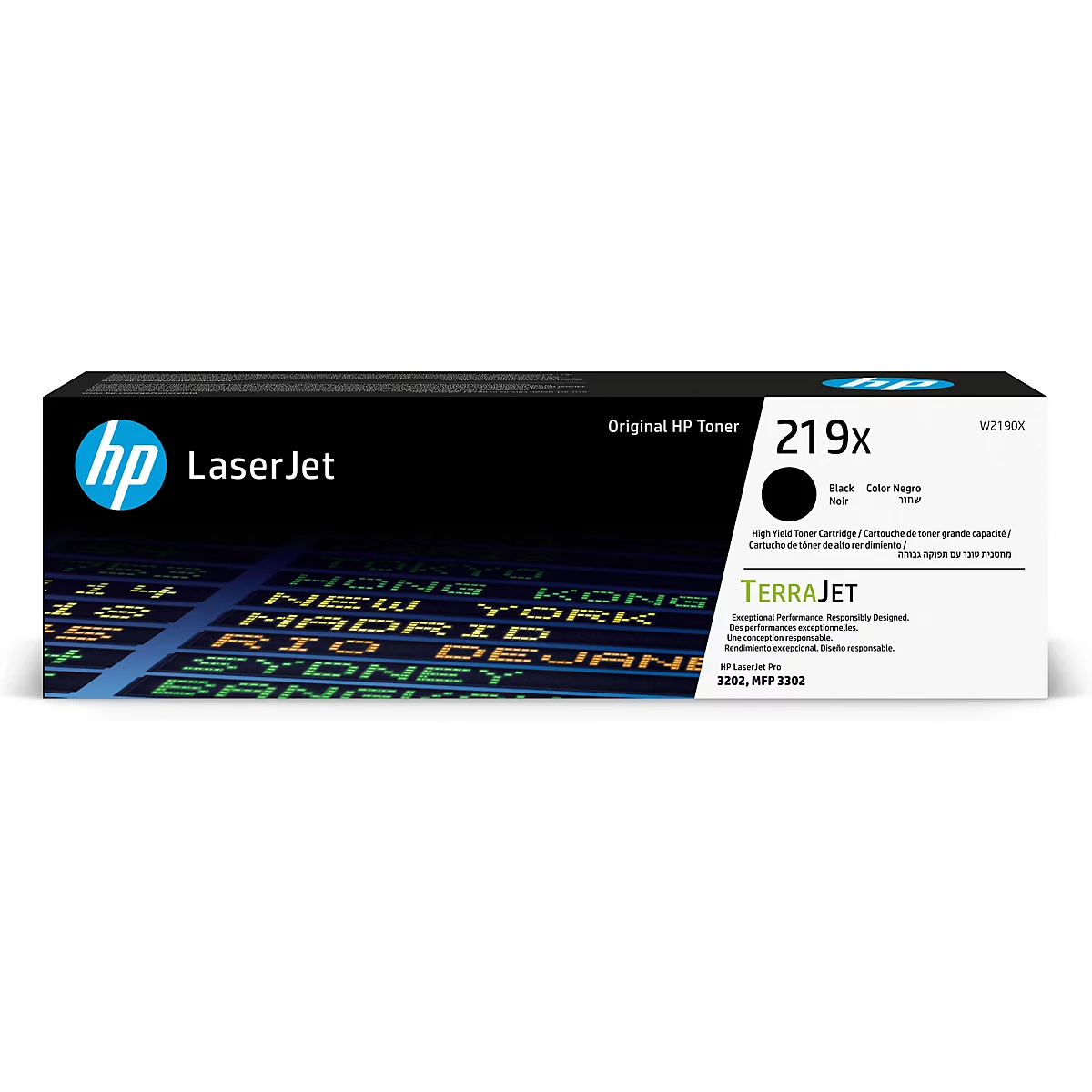 Zwarte HP tonercartridge, product voorkant. Opschrift "219x", "LaserJet".