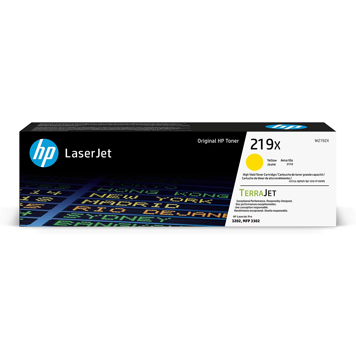 Een doos originele HP Toner 219x. Het HP-logo en teksten zoals Laserjet en TerraJet zijn zichtbaar op de doos.