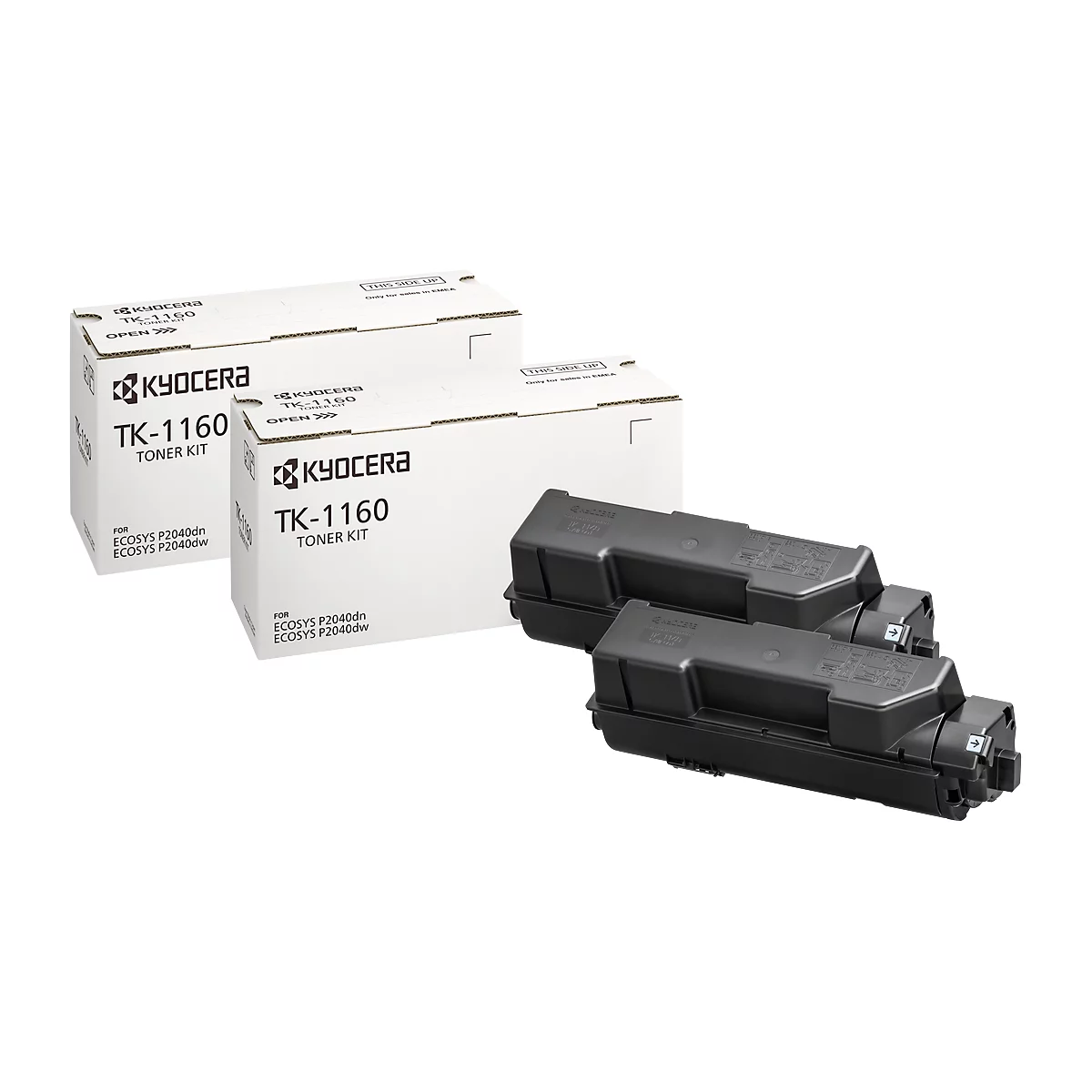 Two black toner cartridges next to two white boxes with Kyocera logo and the inscription TK-1160 Toner Kit.