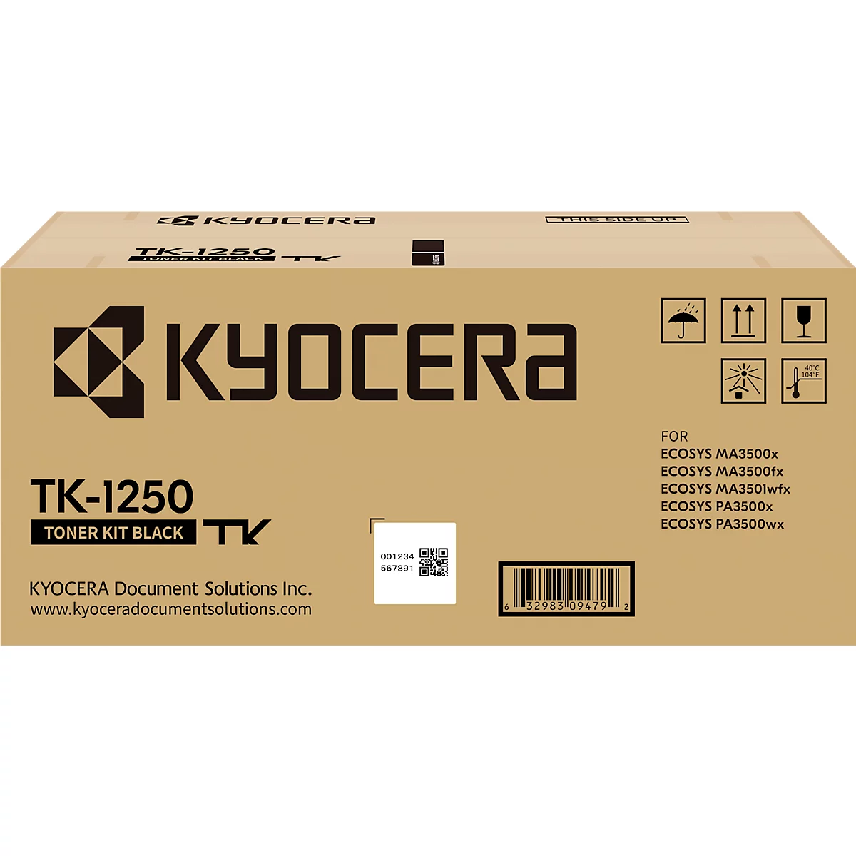 Braune Kartonverpackung mit 'KYOCERA'-Logo, 'TK-1250 Toner Kit Black' und Kontaktinformationen. Hinweise auf Kompatibilität.