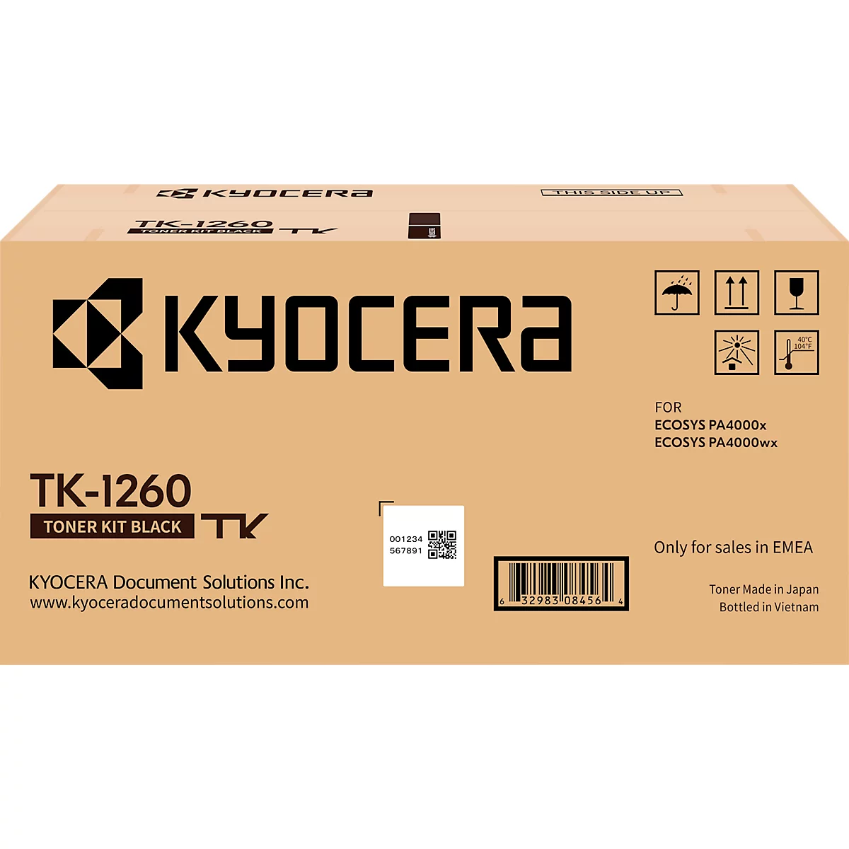 Eine braune Verpackung mit schwarzem Kyocera-Schriftzug und Produktbezeichnungen.