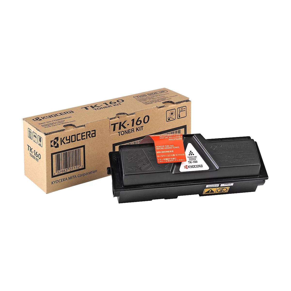 Black Kyocera TK-160 toner cartridge and packaging with barcode and text.