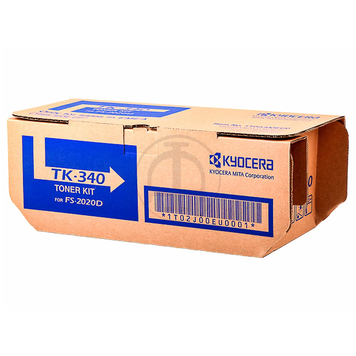 Brown cardboard box with blue lettering and the text TK-340 Toner Kit for FS-2020D, Kyocera logo and barcode.