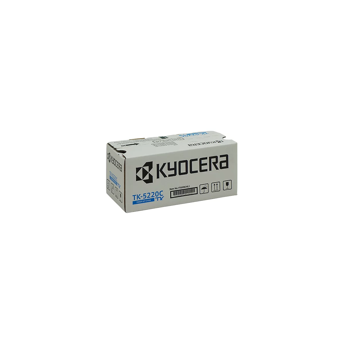 A white Kyocera package with the logo and product information. The package reads 'TK-5220C TONER KIT CYAN'.