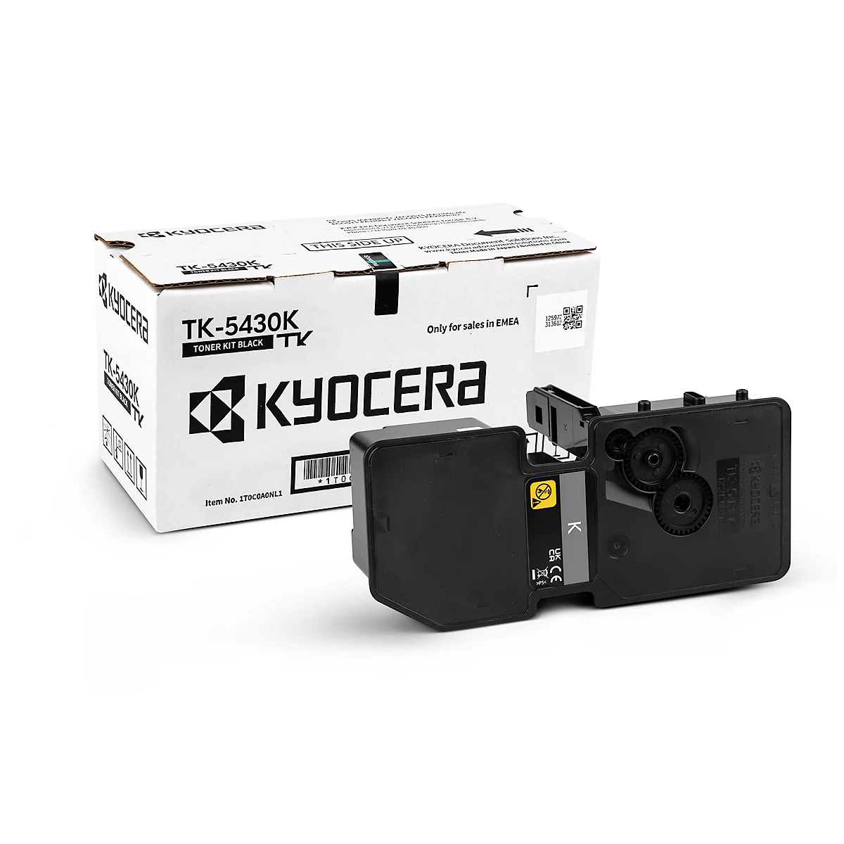A black toner cartridge sits next to a white box with Kyocera logo. The cartridge says TK-5430K.