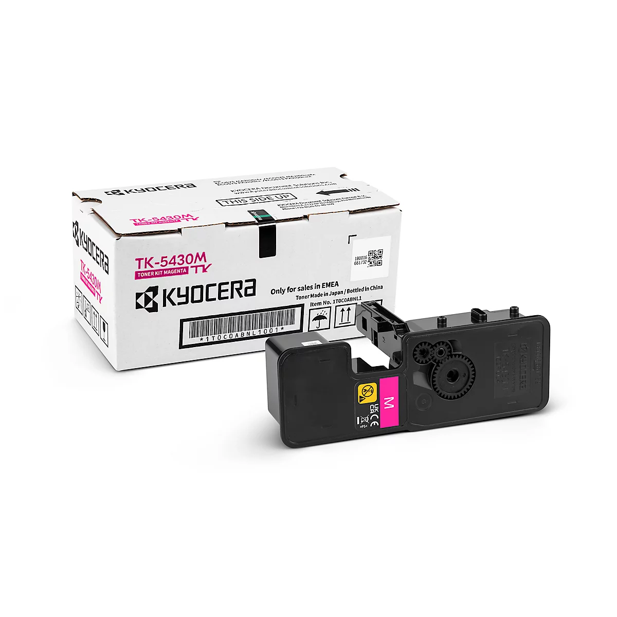 A Kyocera TK-5430M toner cartridge next to the box, on a white background.