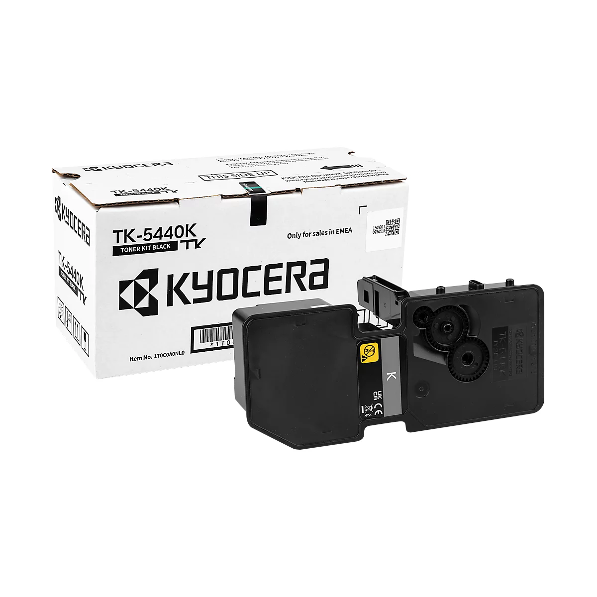 A black Kyocera toner cartridge next to its packaging. The packaging says "TK-5440K".