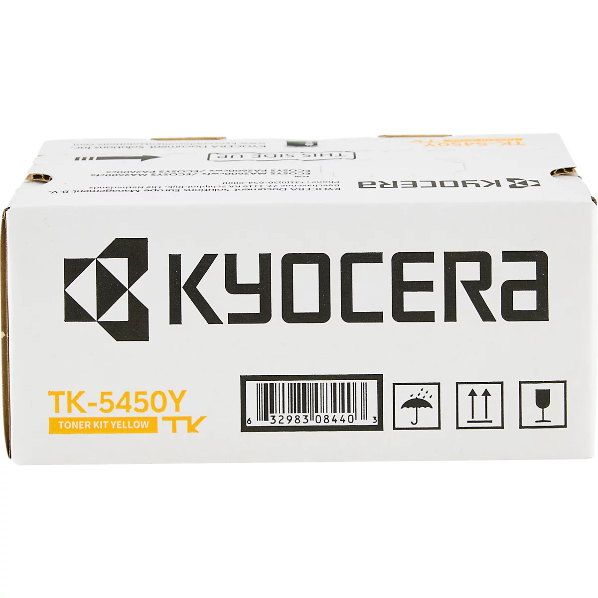 Eine weiße Schachtel mit KYOCERA-Logo, TK-5450Y. Enthält Barcode und Versandhinweise.