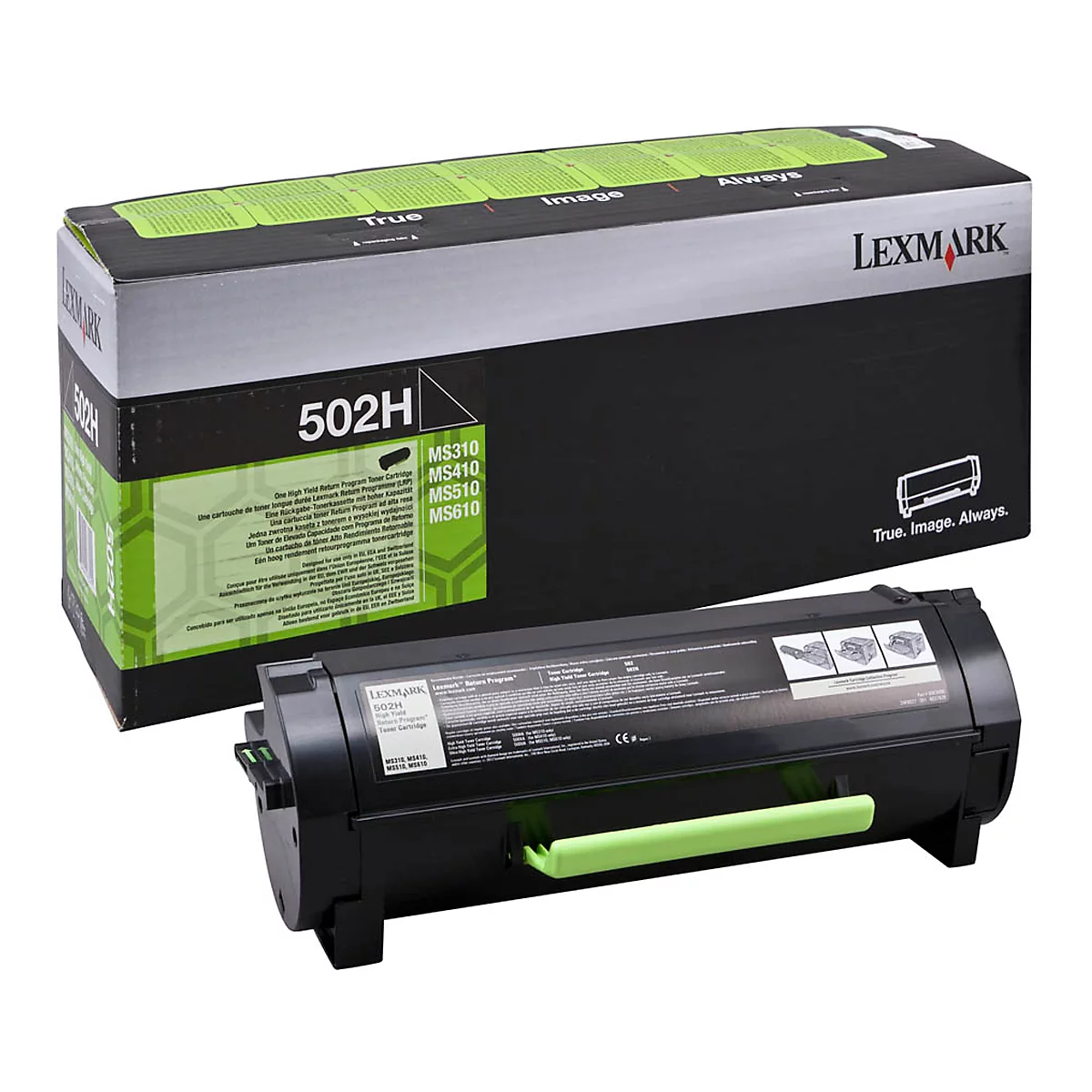 Black Lexmark toner cartridge and packaging. Cartridge with green lever, packaging printed with "502H".