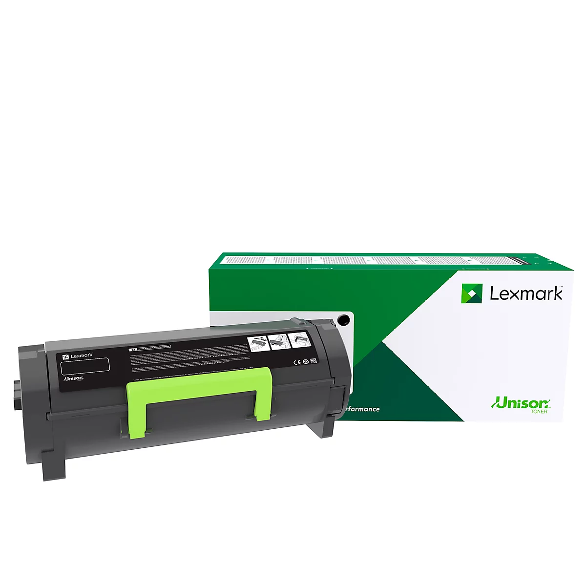 Black-gray toner cartridge with green handle next to green packaging. Lexmark logo visible.