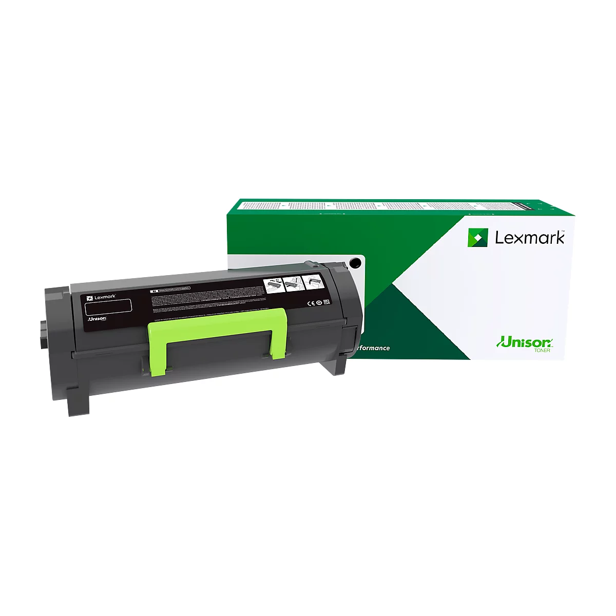 Black toner cartridge and box from Lexmark. The toner is gray and green, the box green and white with text.