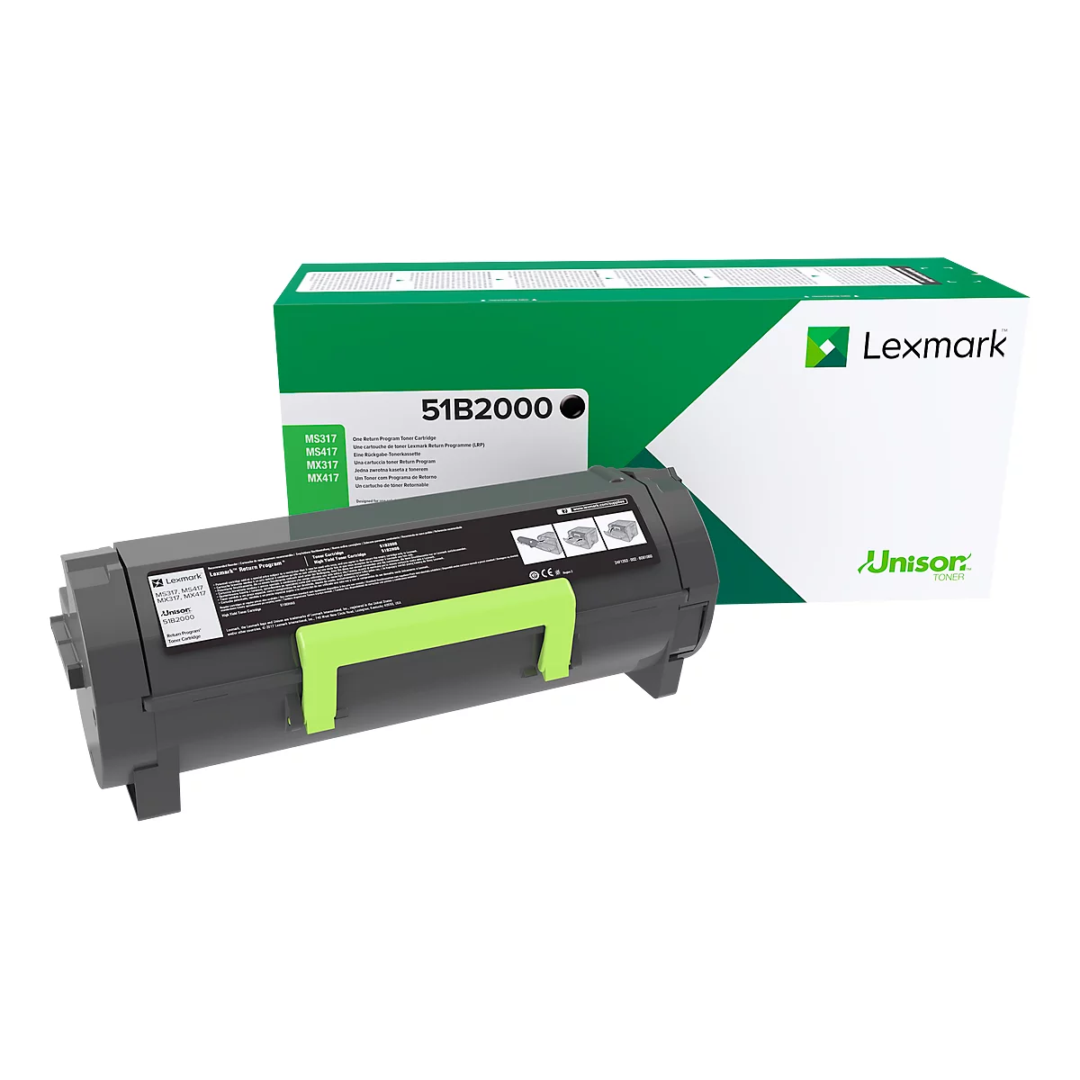 Black toner cartridge labeled 51B2000, next to a green packaging with the Lexmark logo.