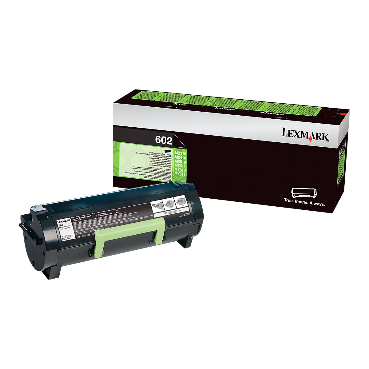 Black toner cartridge and box with green accents. Printed: Lexmark 602.