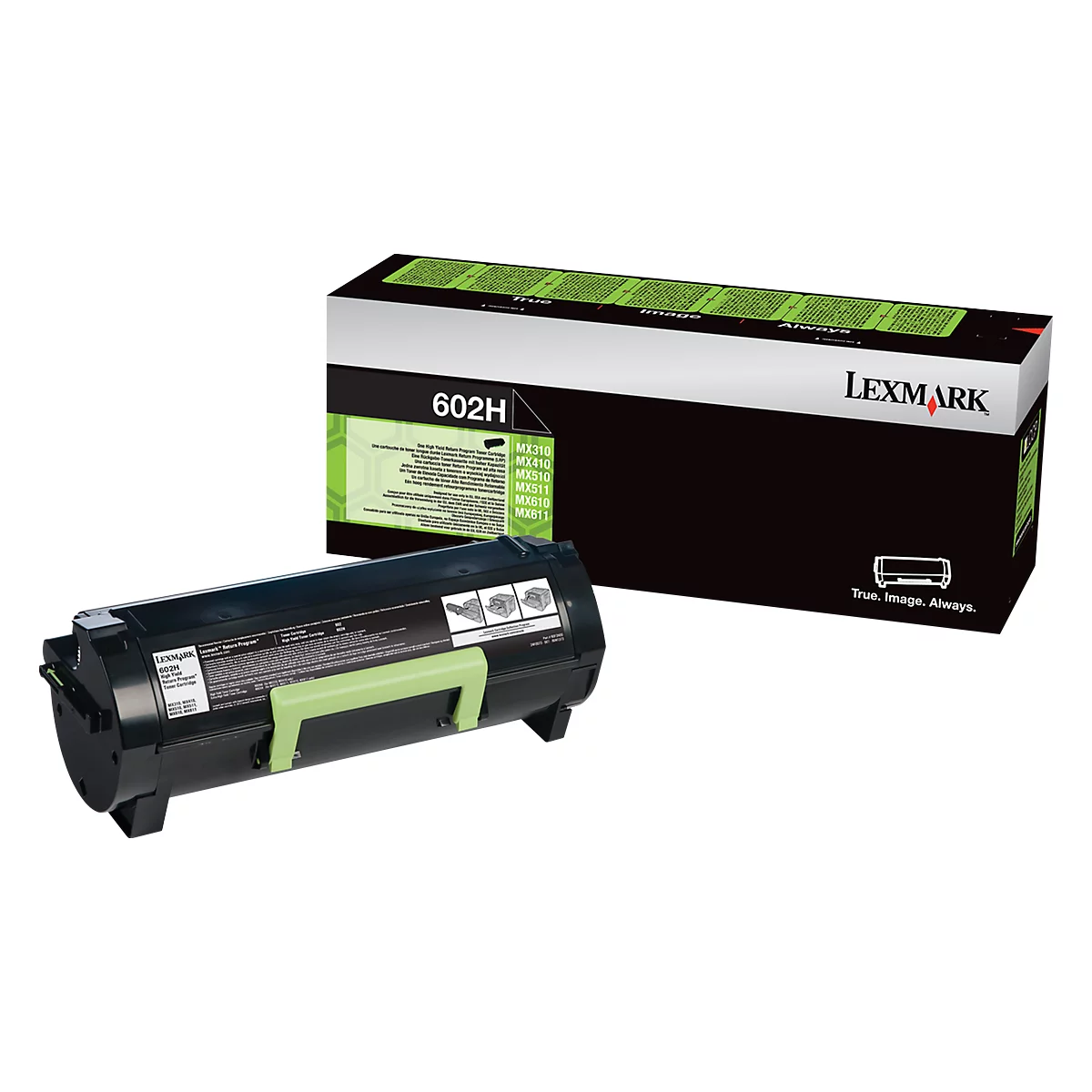 Black Lexmark toner cartridge and packaging. The cartridge is black with a green handle, the packaging black with a green logo.