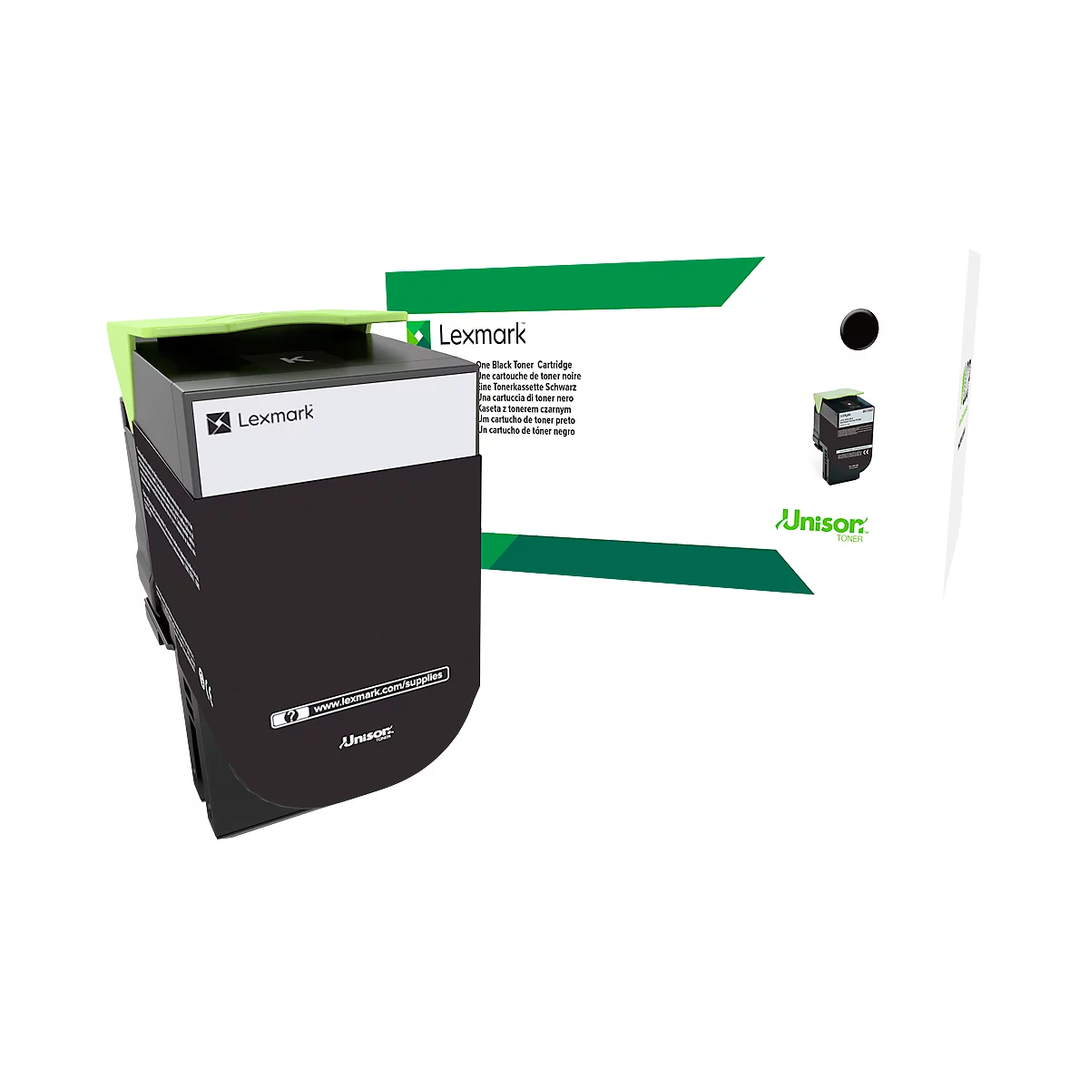 Black Lexmark toner cartridge with packaging. Inscription: Unison.