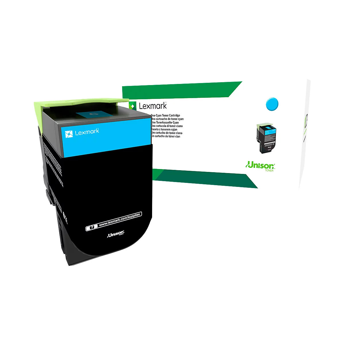 A blue Lexmark toner cartridge with the words "Lexmark" and "Unison". On a white background.