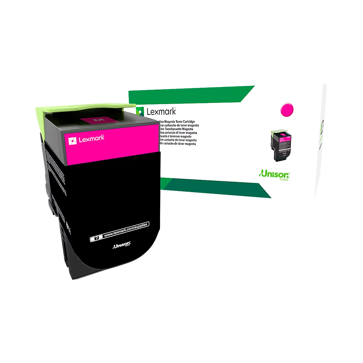 Magenta toner cartridge from Lexmark. Black container with pink element and lettering. Another image on the packaging.