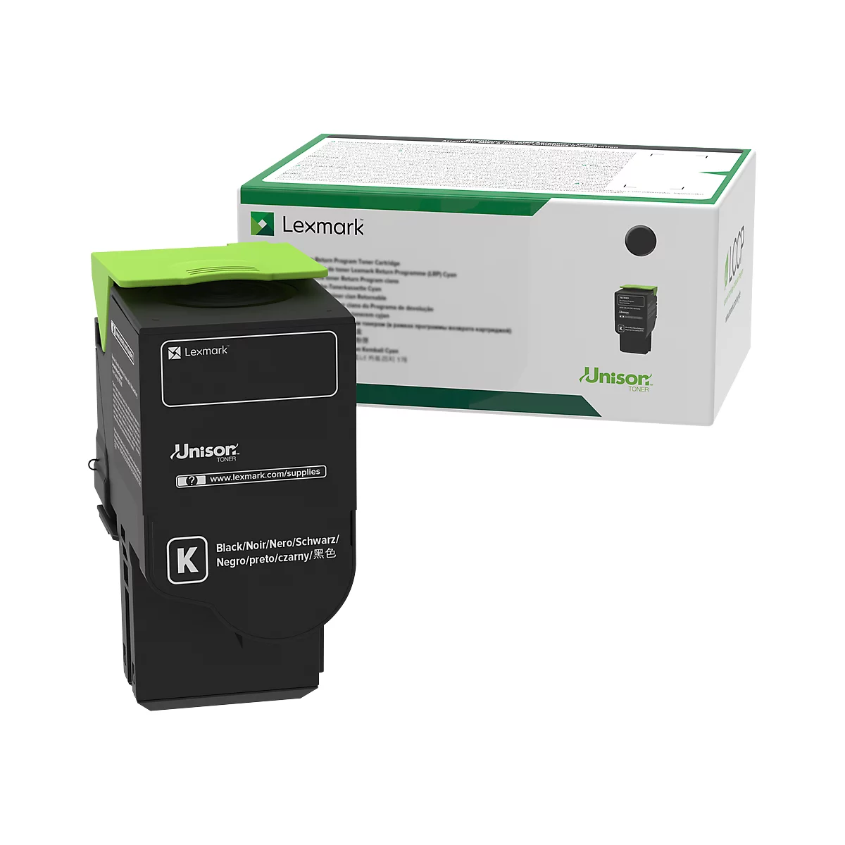 Black toner cartridge with green accents and packaging. It says "Lexmark" and "Unison".
