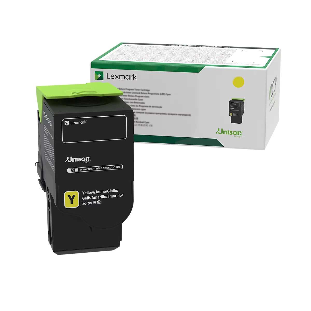 Black ink cartridge with yellow label and green cover. Packaging is also visible.