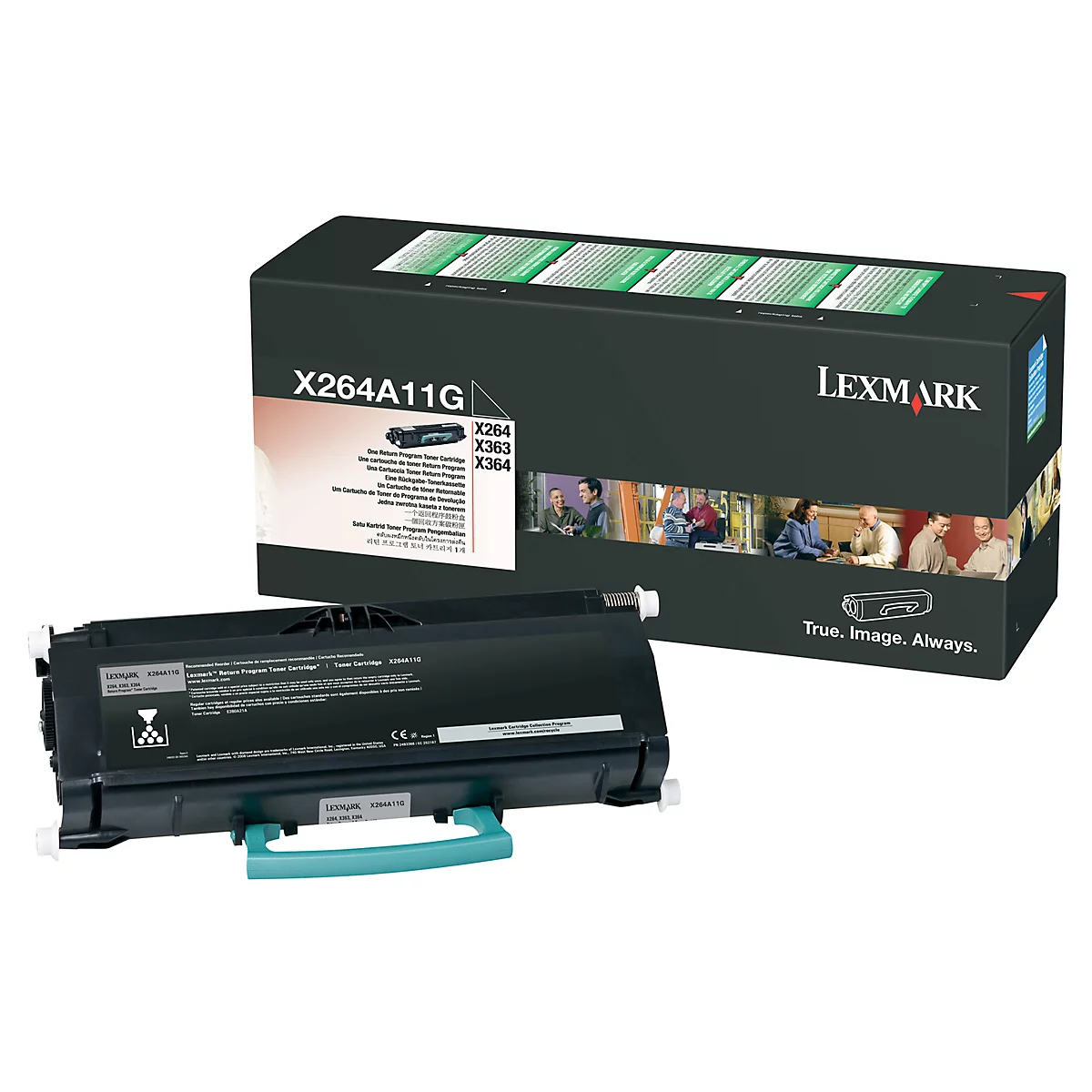 A black Lexmark toner cartridge and its packaging. The packaging says 'Lexmark'.