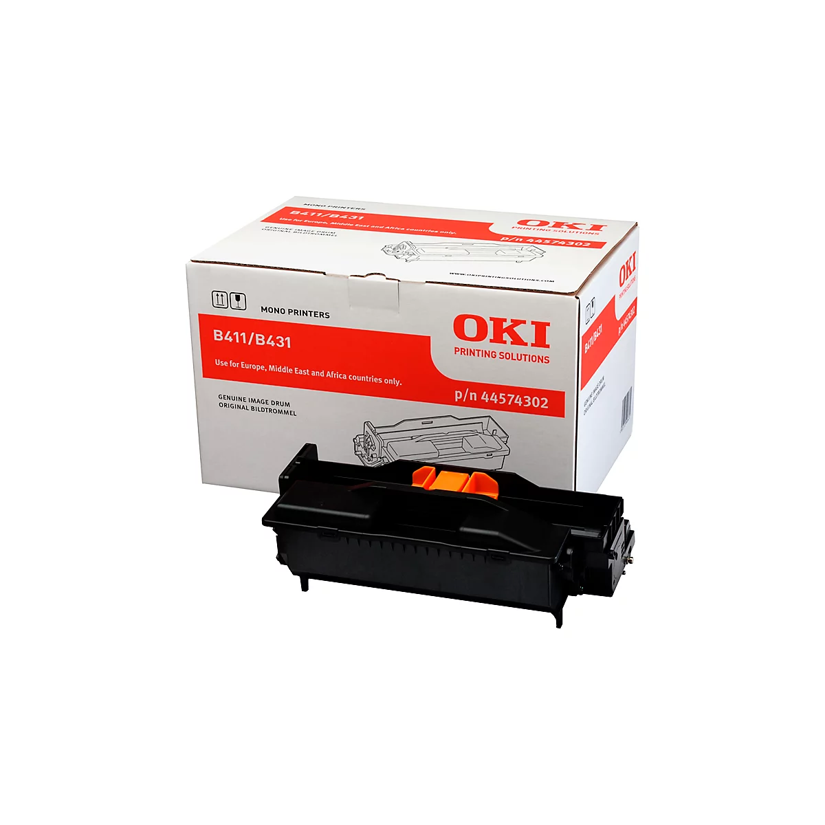 Black toner cartridge with orange elements in front of the packaging. The packaging says "OKI" and further information.
