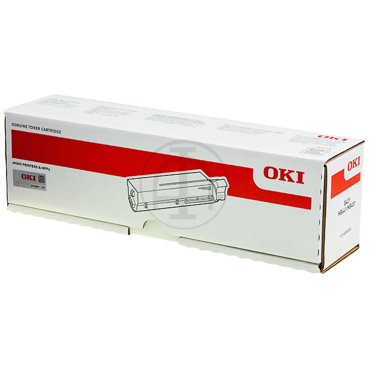 A white box with a red line and the OKI logo. On the box, there is an outline of a toner cartridge.